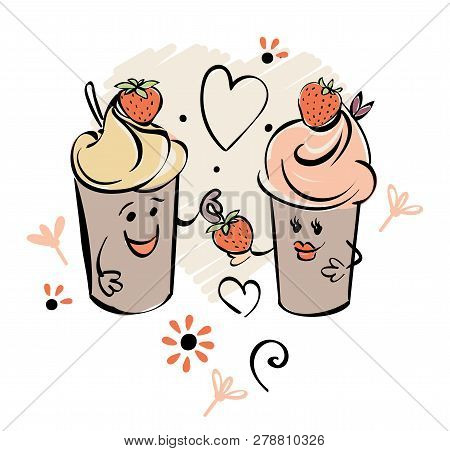 Chocolade Ice Cream Character And Strawberry, Heart. The Boy Gives The Berry To The Girl.. Black Whi