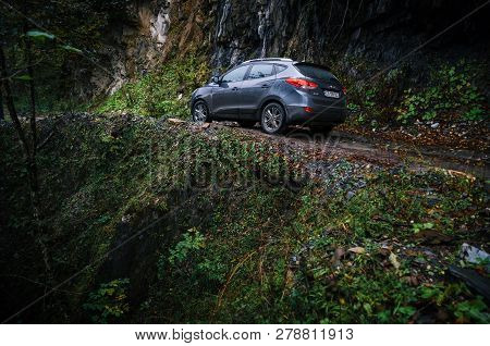 Racha-lechxumi, Georgia - October 17, 2016: Off-road Trip By Car On Narrow Mountain Road In Racha-le