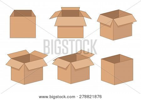 Carton Delivery And Storage Packaging Open Box Set. Vector Illustration Isolated On White Background