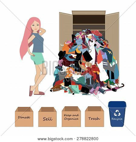 Vector Illustration With A A Woman And A Big Messy Pile Of Useless, Old, Cheap, And Oumoded Cothes. 
