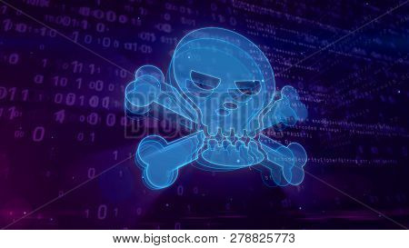 Cyber Crime Abstract Concept. Shape And Contour Of Skull Icon On Digital Background. Computer Attack