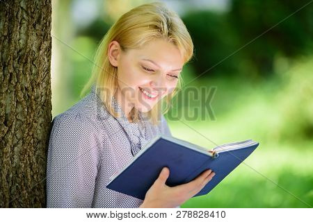 Girl Interested Sit Park Read Book Nature Background. Reading Inspiring Books. Female Literature. Bo