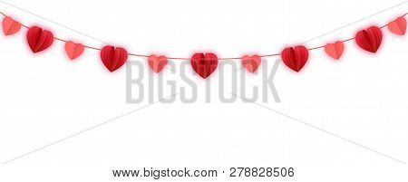Red Paper Hearts Garland Border. Vector Paper Cut Isolated On White. Hanging Love Valentines Hearts.
