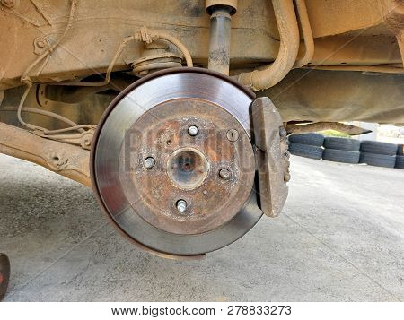 An Old Are Parks In The Garage Waiting For Change A New Tyre In Local Garage Of Thailand Countryside