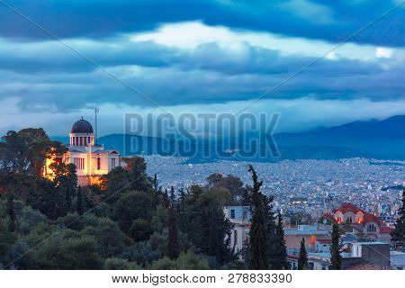 Church Of Saint Marina In Thissio During Evening Blue Hour In Athens, Greece