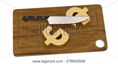 Culinary Sale Concept Kitchen Knife With Dollar Sign On Chopping Board 3D Illustration.