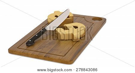 Culinary Sale Concept Kitchen Knife With Dollar Sign On Chopping Board 3D Illustration.