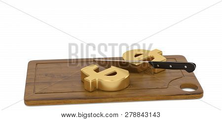 Culinary Sale Concept Kitchen Knife With Dollar Sign On Chopping Board 3D Illustration.