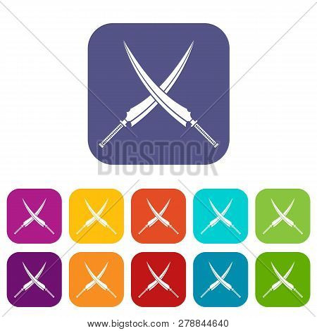 Samurai Swords Icons Set Illustration In Flat Style In Colors Red, Blue, Green And Other