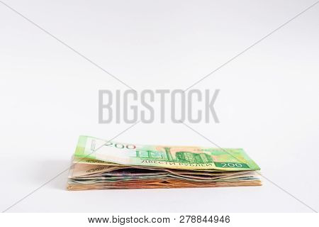 Stack Of Russian Money, Rubel Banknotes On White Background. Loan, Mortgage, Credit Concept, Copy Sp