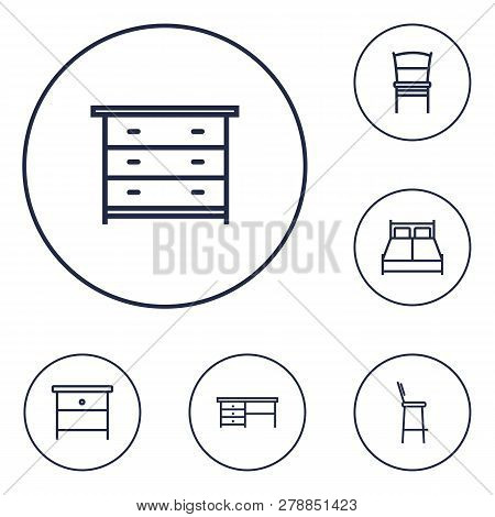 Set Of 6 Set Icons Line Style Set. Collection Of Chair, Stool, Worktop And Other Elements.