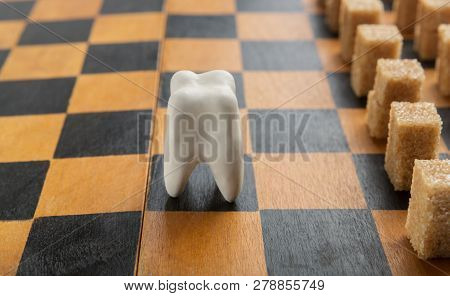 Dental Hygiene. Healthy Tooth Standing Against Cane Sugar Cubes On Chessboard, Copy Space