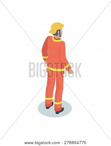 Fireman In Uniform, Working Concept Vector Icon. Standing Man From Back, In Crash Helmet And Flamepr