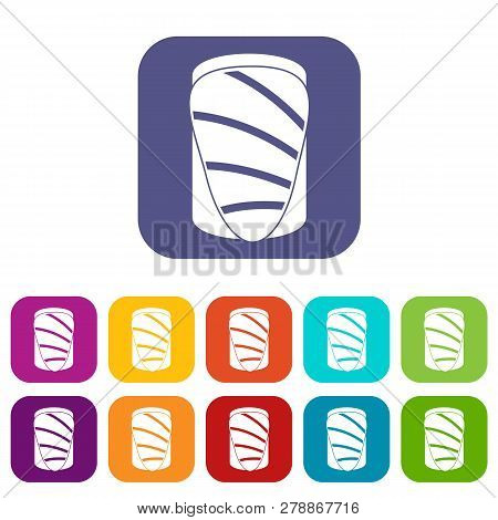 Salmon Icons Set Illustration In Flat Style In Colors Red, Blue, Green And Other
