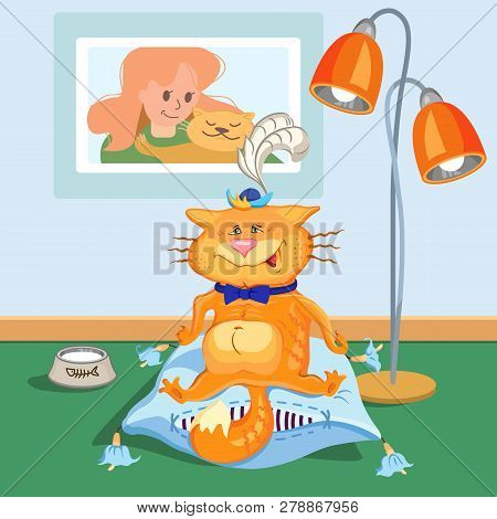 A Cat Sitting On A Pillow, Painted Imitation. Hand Drawn Style Vector Design Illustrations