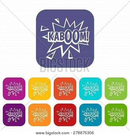 Kaboom, Explosion Icons Set Illustration In Flat Style In Colors Red, Blue, Green And Other
