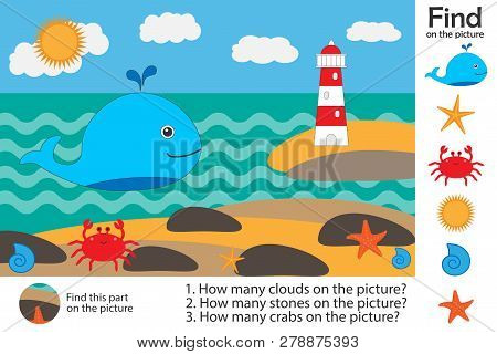 Activity Page, Sea Life In Cartoon Style, Find Images, Answer The Questions, Visual Education Game F