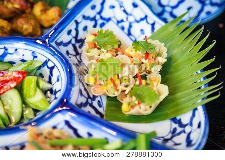 Thai Food Cuisine, Kratong Thong (herb Minced Pork Or Chicken And Sweet Corn In Pastry, Golden Shell