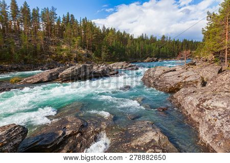 Rapids on the Sjoa river in Oppland County of Eastern Norway, Scandinavia, popular for rafting, kayaking, riverboarding and other activities