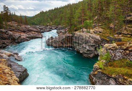Rapids on the Sjoa river in Oppland County of Eastern Norway, Scandinavia, popular for rafting, kayaking, riverboarding and other activities