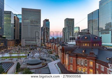 View Of Tokyo Station Building At Twilight Time. Marunouchi Business District, Tokyo, Japan.