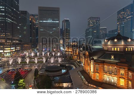 View Of Tokyo Station Building During Winter Illumination At Marunouchi Business District, Tokyo, Ja