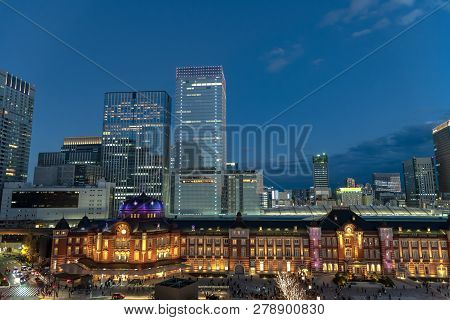 View Of Tokyo Station Building During Winter Illumination At Marunouchi Business District, Tokyo, Ja