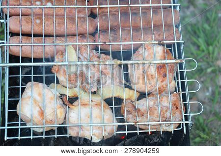 Preparation On Bbq. Dish With Roasted Meat On Abstract Background. Hot Tasty Smokey Barbecue Meal At