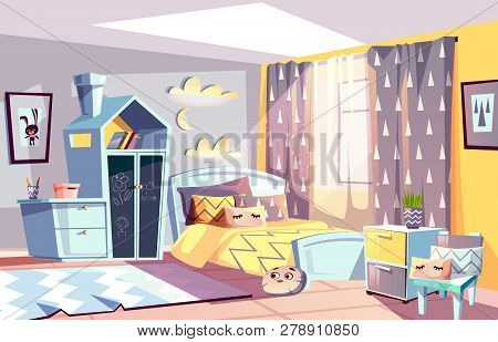 Kids Room Modern Interior Illustration Of Bedroom Furniture In Scandinavian Style. Cartoon Cozy Bed 