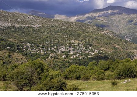 View Of The Traditional, Greek Village Kalarites Which Is On The Mountain Baros At An Altitude Of 12