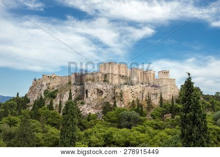 Acropolis with Parthenon and the Herodion theatre. View from the hill of Philopappou, Athens, Greece.