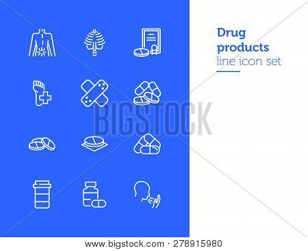 Drug Products Line Icon Set. Set Of Line Icons On White Background. Healthcare Concept. Stomach, Gem