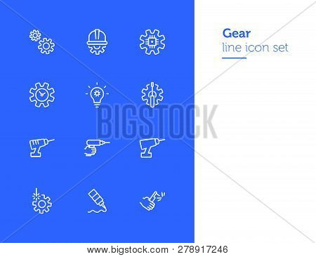 Gear Line Icon Set. Set Of Line Icons On White Background. Gear, Drill, Hand, Tool. Equipment Concep