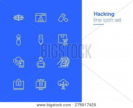 Hacking Line Icon Set. Programmer, Computer, Memory Stick. Information Technology Concept. Can Be Us