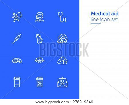 Medical Aid Line Icon Set. Stethoscope, Syringe, Pills. Medicine Concept. Can Be Used For Topics Lik