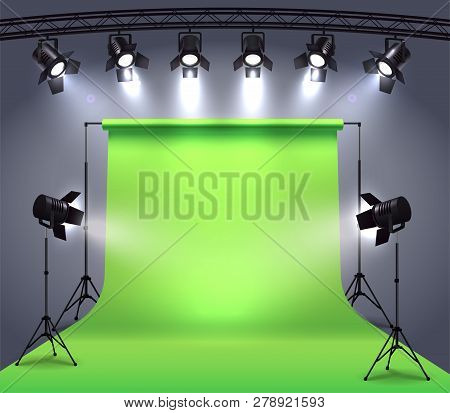 Spotlights Realistic Composition With Photo Shooting Studio Environment Chroma Key Cyclorama Surroun