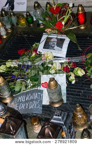 Gdansk, Poland - January 16, 2019: Candles, Flowers And Pawel Adamowicz Picture For Commemorative Pa
