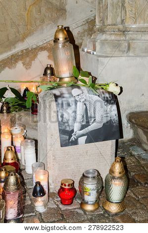 Gdansk, Poland - January 16, 2019: Flowers And Pawel Adamowicz Photo After His Death At Night. Pawel