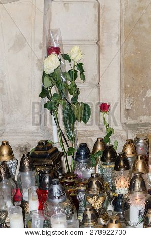 Gdansk, Poland - January 16, 2019: Candles And White And Red Roses For Commemorative Pawel Adamowicz