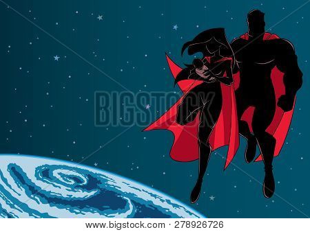 Full Length Silhouette Illustration Of Super Mom And Super Dad With Super Baby, Flying In Outer Spac