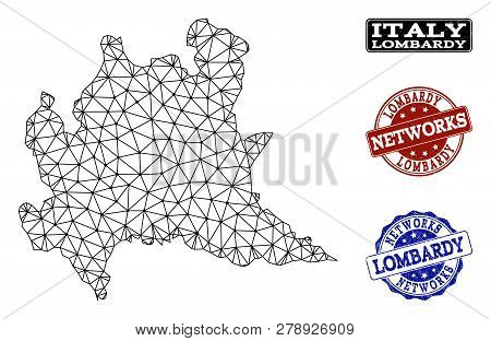 Black Mesh Vector Map Of Lombardy Region Isolated On A White Background And Rubber Watermarks For Ne