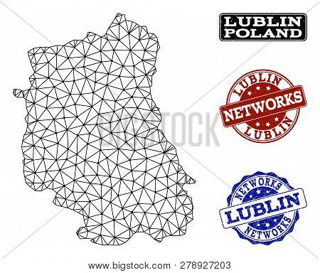 Black Mesh Vector Map Of Lublin Province Isolated On A White Background And Rubber Stamp Seals For N