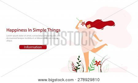 Women Psychological Consultation Flat Vector Web Banner. Young Happy Lady Holding Flower, Enjoying L