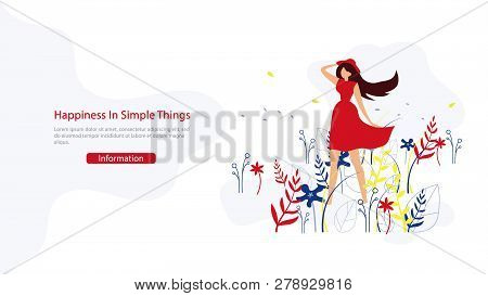 Woman Beauty, Happy Lifestyle Flat Vector Web Banner With Young Lady Holding Hat On Wind Illustratio