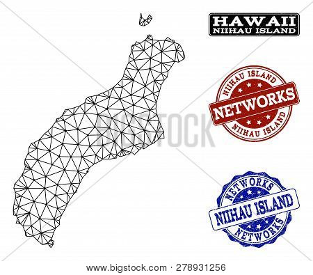 Black Mesh Vector Map Of Niihau Island Isolated On A White Background And Grunge Watermarks For Netw