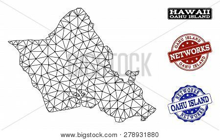 Black Mesh Vector Map Of Oahu Island Isolated On A White Background And Rubber Stamp Seals For Netwo