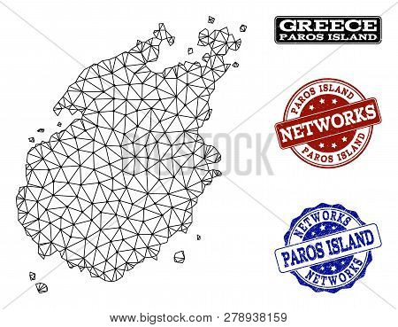 Black Mesh Vector Map Of Paros Island Isolated On A White Background And Rubber Watermarks For Netwo
