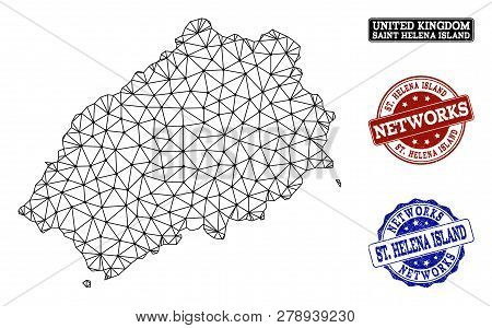Black Mesh Vector Map Of Saint Helena Island Isolated On A White Background And Rubber Watermarks Fo
