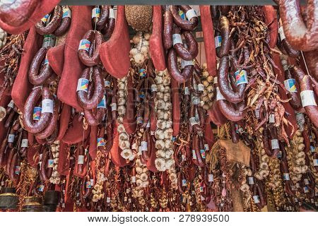 Athens, Greece - September 22, 2017: Delicious Meat, Sausages, Pastrami And Traditional Greek Specia