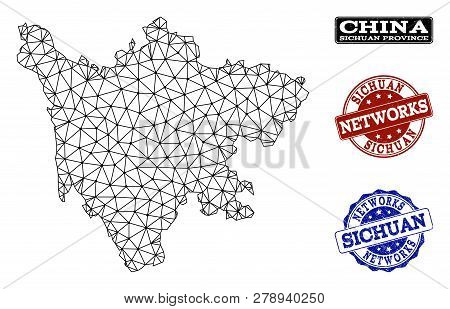 Black Mesh Vector Map Of Sichuan Province Isolated On A White Background And Grunge Watermarks For N